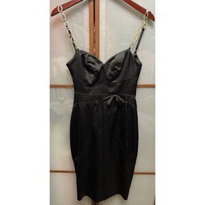 BEBE Vtg Y2K 90s Black Satin Chain Strap Bodycon Corset Pencil Dress Size XS